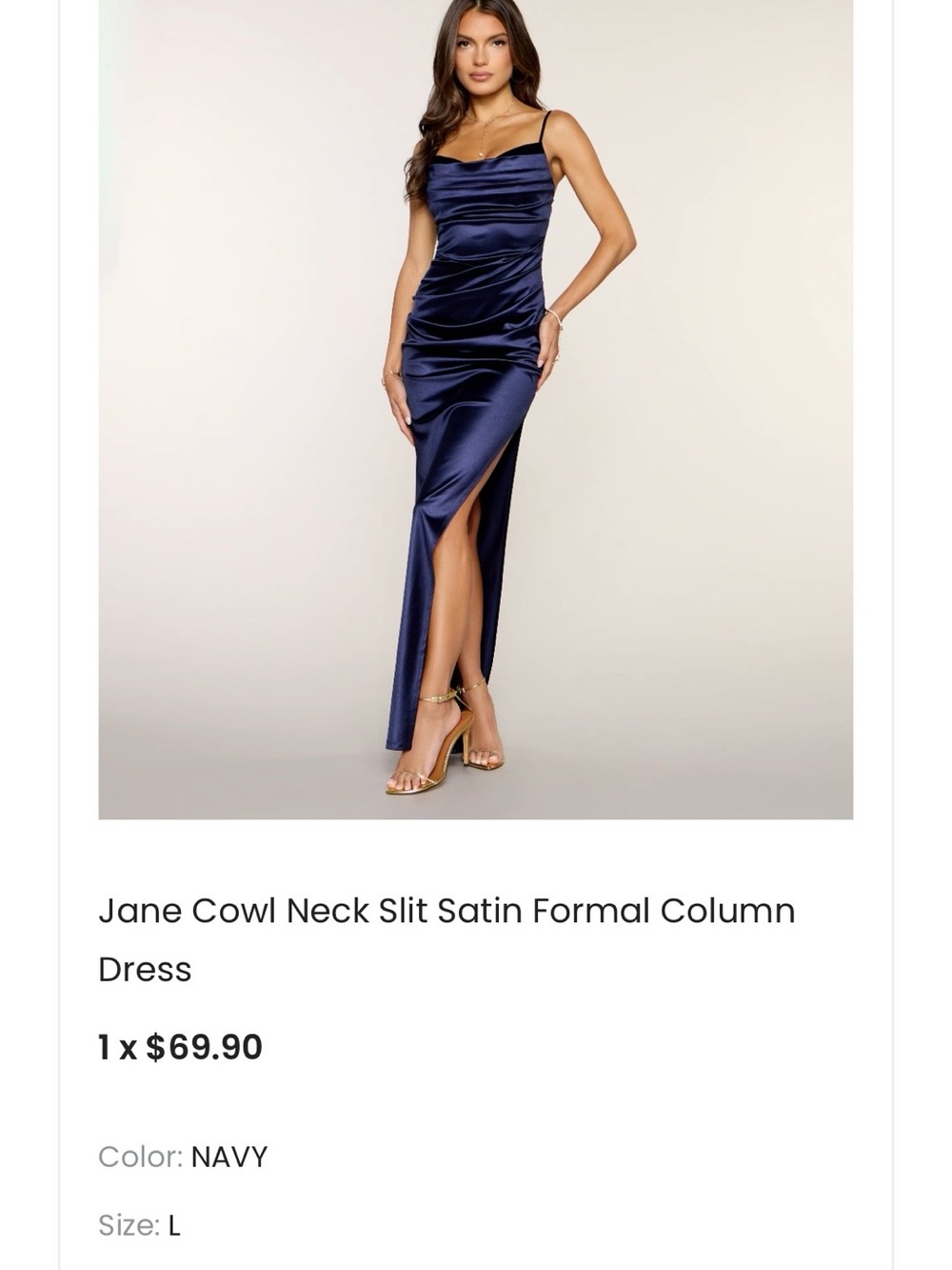 Windsor Navy Satin Cowl Neck Slit Slip Dress